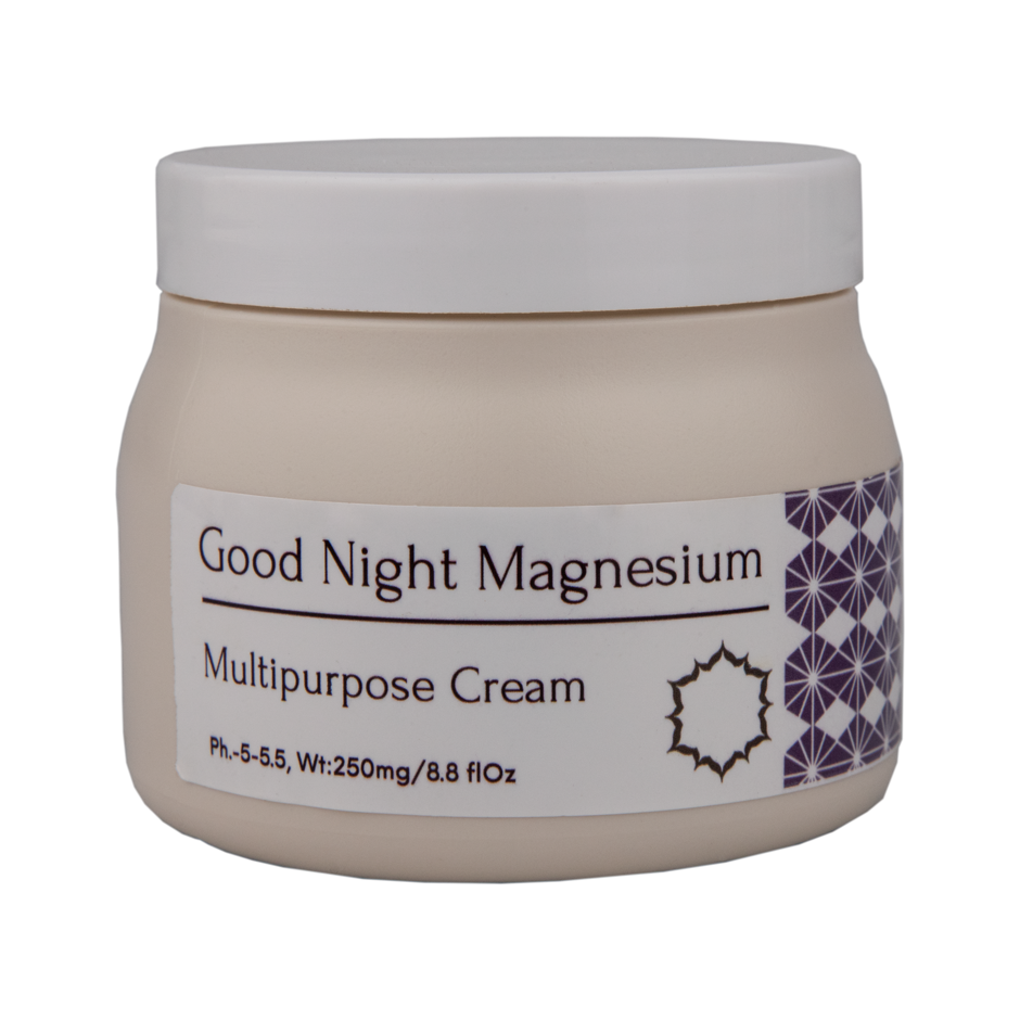 Good Night Magnesium Cream: a versatile formula enriched with magnesium, mango butter, jojoba oil, and lavender essential oil for relaxation and hydration.