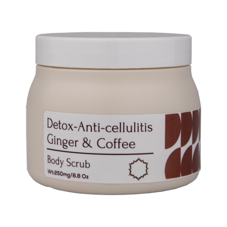 Detox Anti-Cellulitis Coffee Ginger Scrub. Exfoliate, tone, and nourish your skin with coffee, ginger, mango butter, and kokum butter for a radiant look.