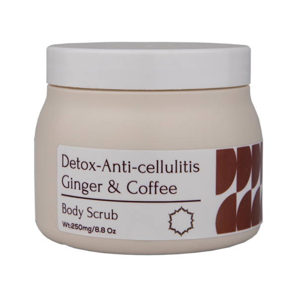 Detox Anti-Cellulitis Coffee Ginger Scrub. Exfoliate, tone, and nourish your skin with coffee, ginger, mango butter, and kokum butter for a radiant look.