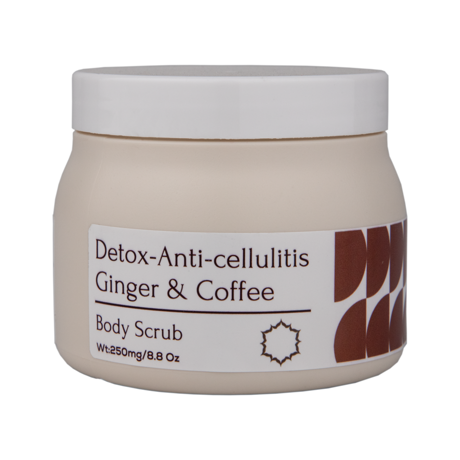 Detox Anti-Cellulitis Coffee Ginger Scrub. Exfoliate, tone, and nourish your skin with coffee, ginger, mango butter, and kokum butter for a radiant look.